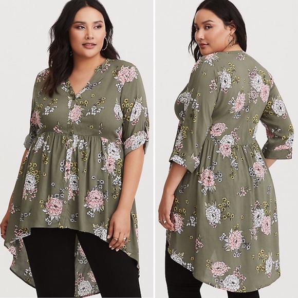 torrid Tops - Plus Size Torrid 3X Olive Floral Babydoll Tunic
